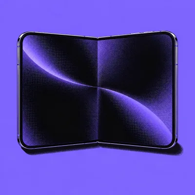 An open foldable iPhone Duo in purple and black duotone