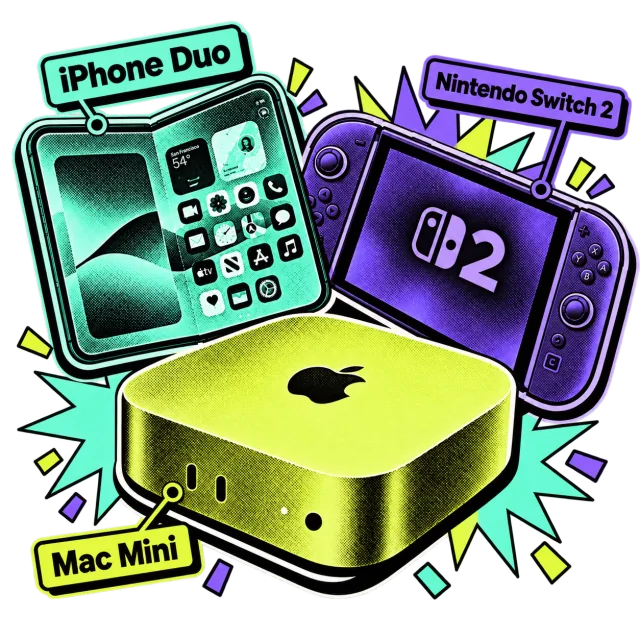 A mint, purple, and lime duotone bouquet-style arrangement of an open foldable iPhone Duo, a Mac Mini, and a Nintendo Switch 2, each with its own caption.